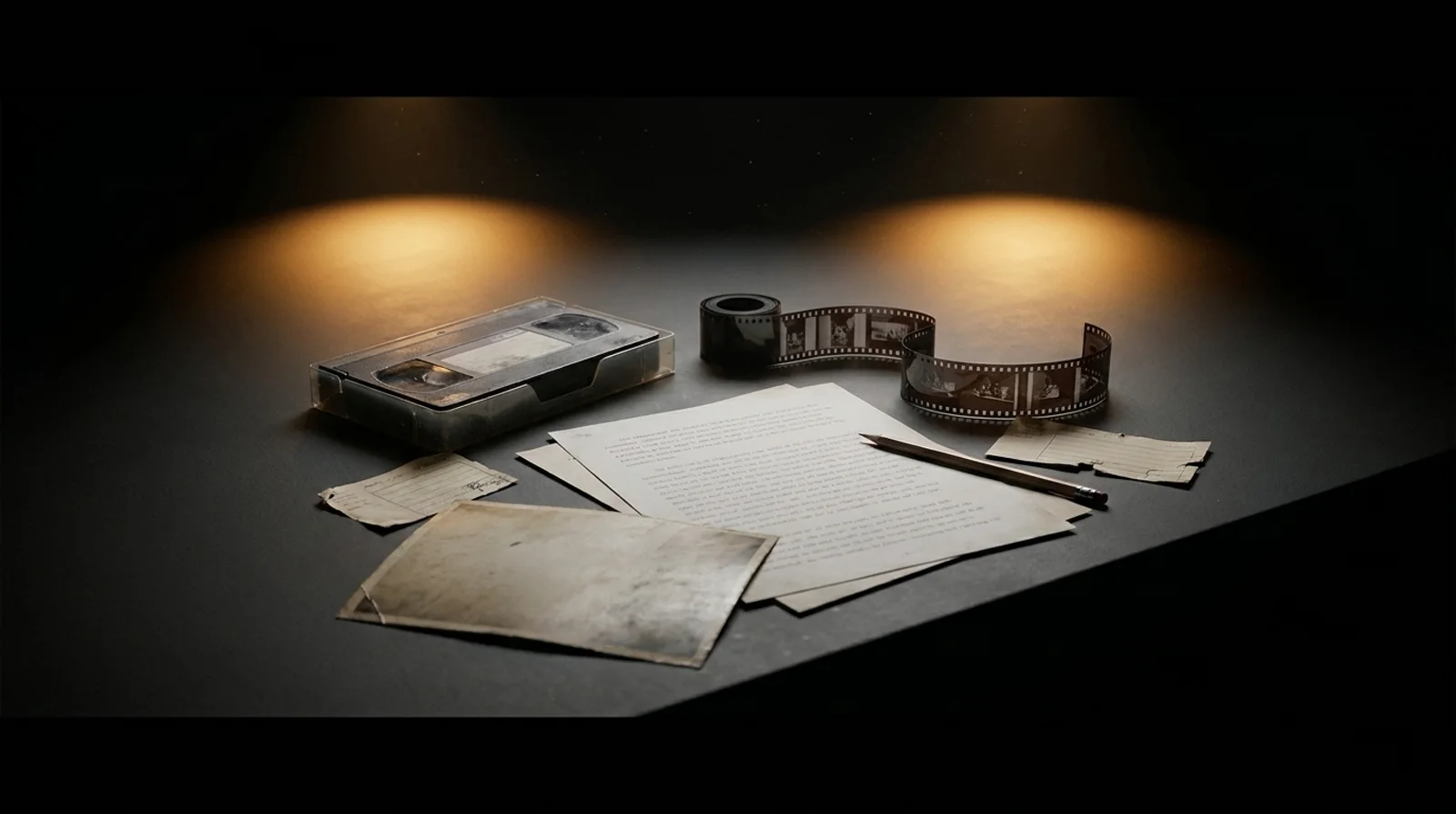 A staged archival worktable arranged beneath two pools of warm light