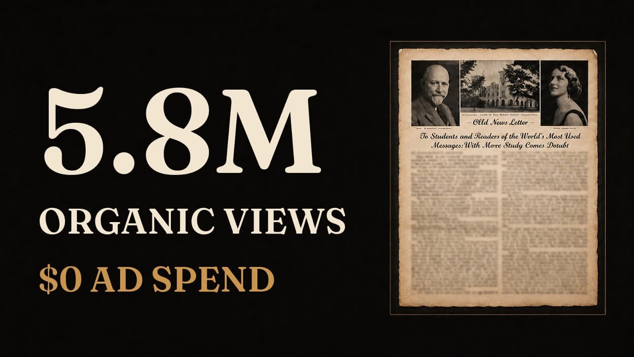 The Lost Archives proof slide showing 5.8 million organic views and zero dollars in advertising spend beside an archival newspaper.